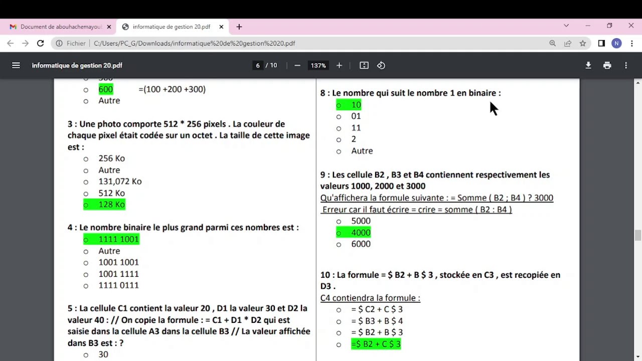 Informatique de gestion darija : Excel examen QCM corrigé  تمارين محلولة (partie 2)