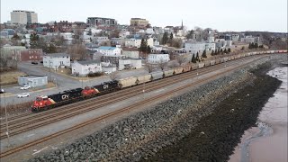 Awesome 4K Aerial View! Long Potash Train CN 730 Arriving at Courtney Bay Terminal - Saint John, NB