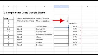 Step by Step 1 sample T-test of the Population Mean #googlesheets #ttest #statistics