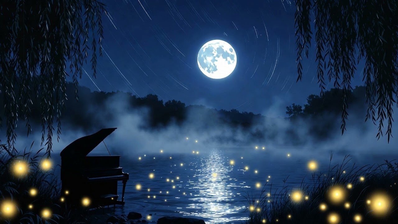 Moonlight Sonata by the Lake•July Night Ambience with Fireflies & Piano for Deep Relaxation (1 hour)