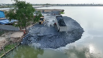 Fantastic Project Skills Operator Push Rock Filling In Water Building Road BY SHANTUI Dozer