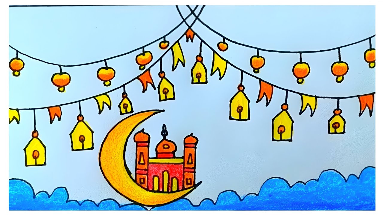 Ramadan Mubarak Drawing || Draw Ramadan Landscape With Color Pencil. #scenery #ramadanmubarak 