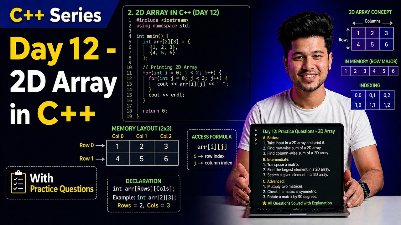 2D Array in C++ with Practice Questions | One Shot | Day 12 - YouTube