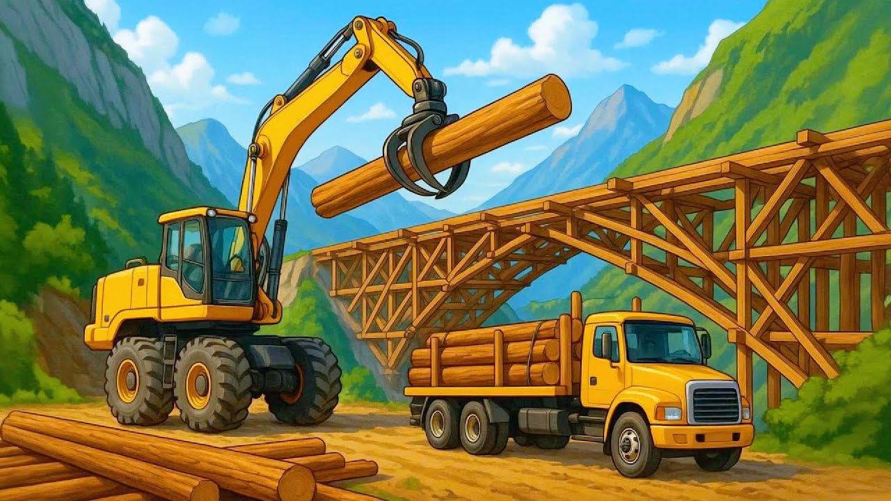 Building a Wooden Bridge in the Mountains | Construction Vehicles Story