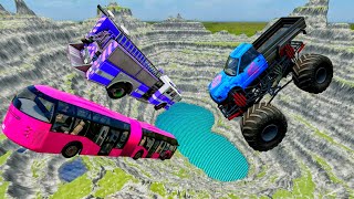 Mega Bus, Monster Truck & Fire Truck Fall Into Deep GREEN PIT! 💀😱 | No Escape Crash