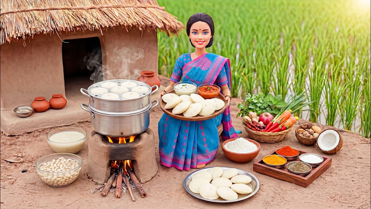 🥥🌾 Miniature Doll Idli & Chutney Cooking ASMR | Indian Village Tiny Kitchen Story