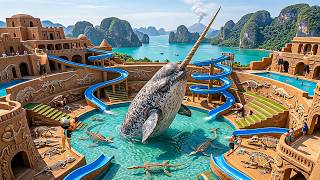 250 Days Building a Fish-Shaped Water Park with Curved Slides &amp; 2-Story Pool Using Primitive Tools