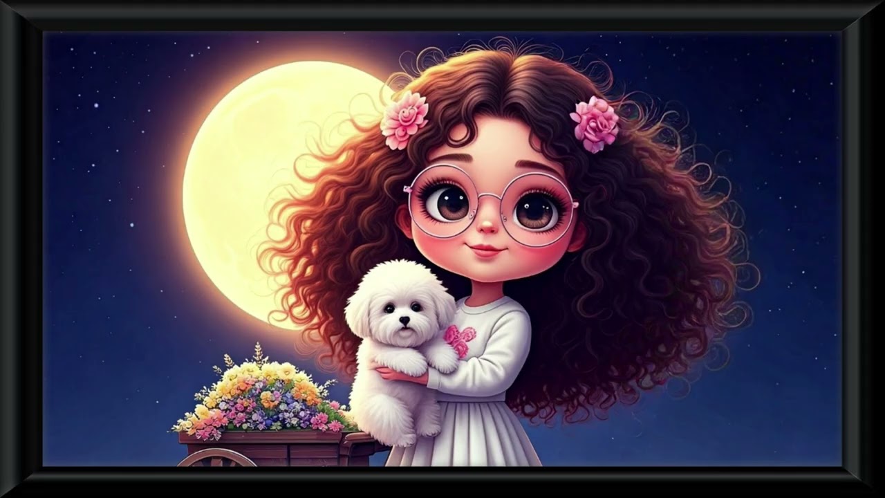 Cute Moonlight Girl & Puppy – Whimsical Digital Art Wallpaper Loop (4K Screensaver Art Frame TV)