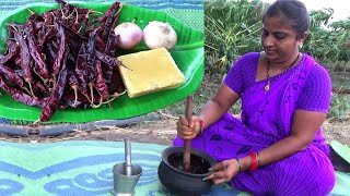 OLD TRADITIONAL MIRAPAKAYA PACHADI RECIPE ANCIENT DRY RED CHILI CHUTNEY SOUTH INDIAN STYLE COOK