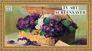 Victorian Basket of Violet Flowers | Gold Frame TV Art Screensaver 4K | Fine Art Floral Painting