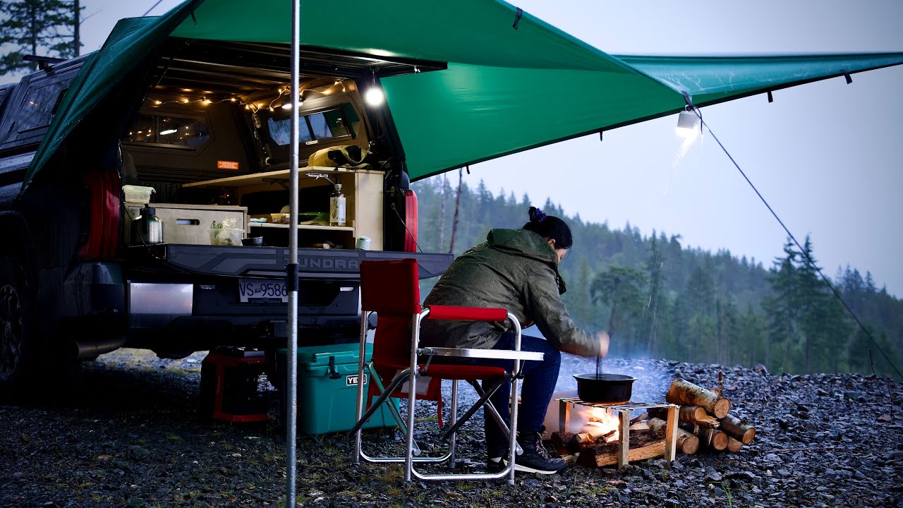 Solo Truck Cap Camping in Heavy Rain | Sounds of Camping | Relaxing ASMR | Making handmade noodles