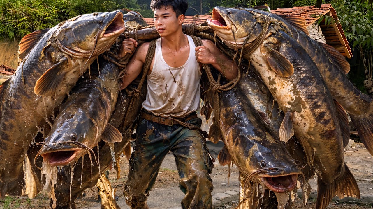 Catching Giant Fish in the Mountain Stream – Setting Up a Tent on Natural Rocks for the Night