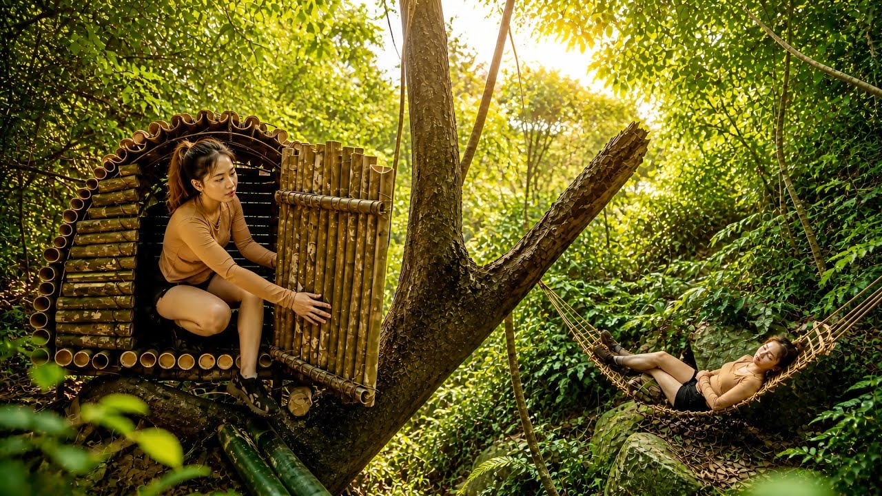 Solo Survival in the Forest – Building a Bamboo Shelter & Weaving a ...