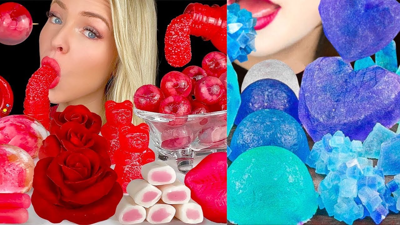 ASMR RED FOODS, SWEDISH BERRIES, EDIBLE ROSES, HI CHEW, ISOMALT