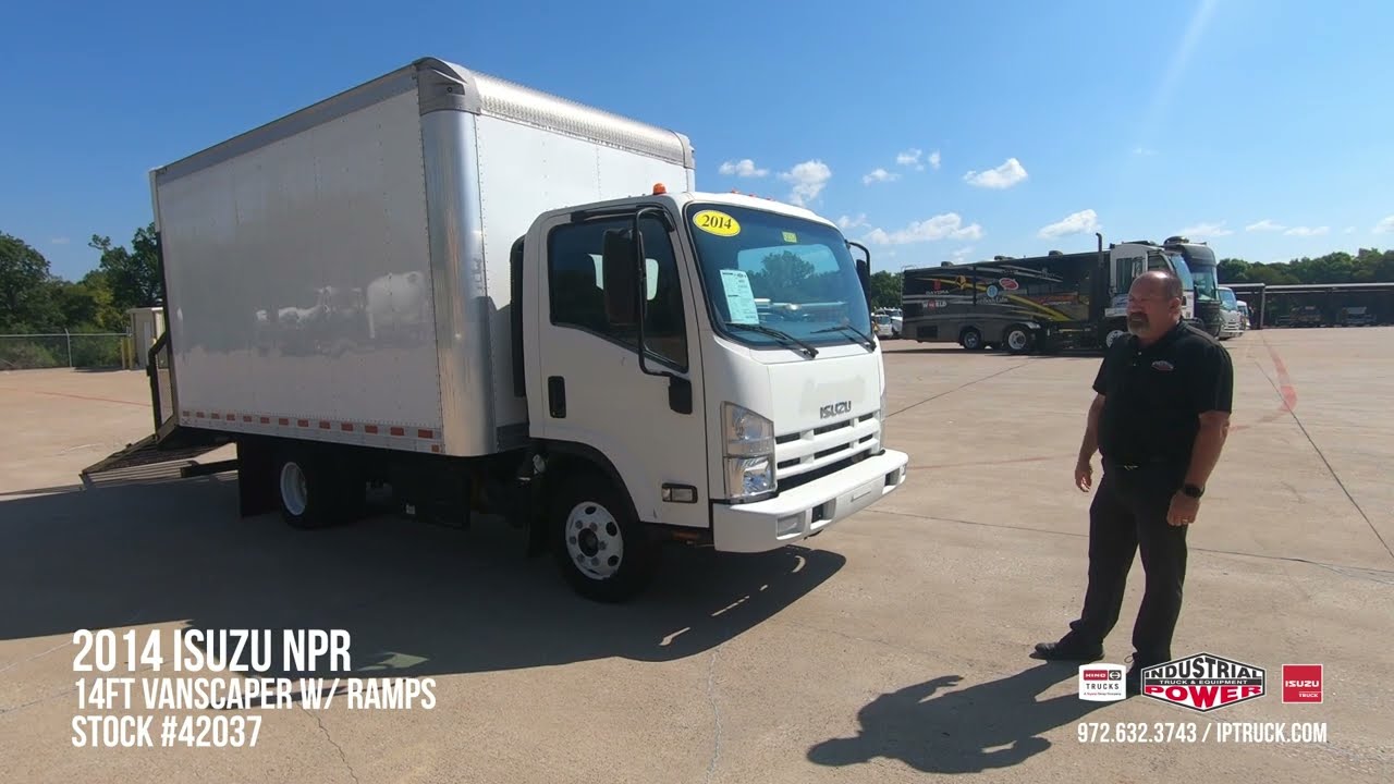 2014-landscape-truck-isuzu-npr-vanscaper-with-split-ramps-for-loading