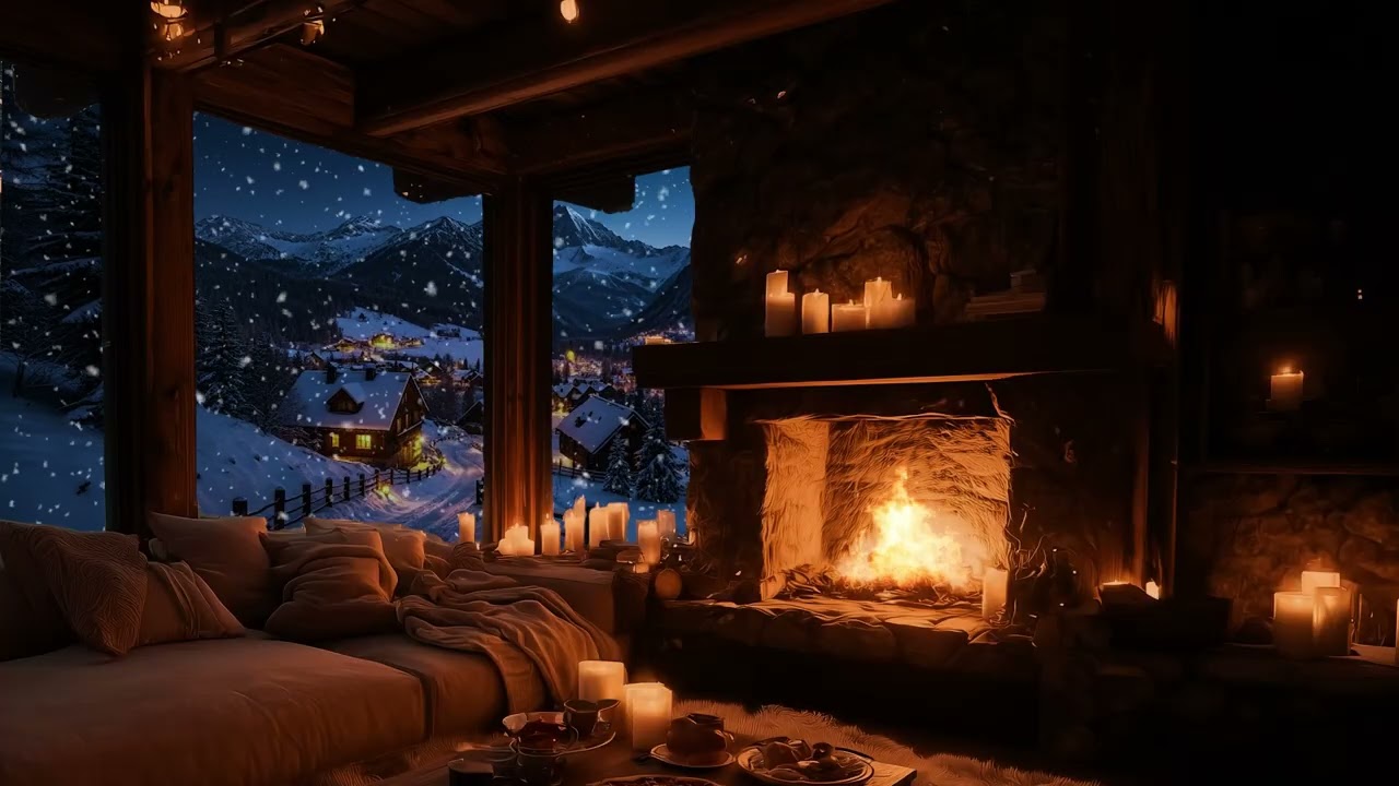 (No Ads) Warm Night Piano & Fireplace Sounds for Deep Calm and Sleep