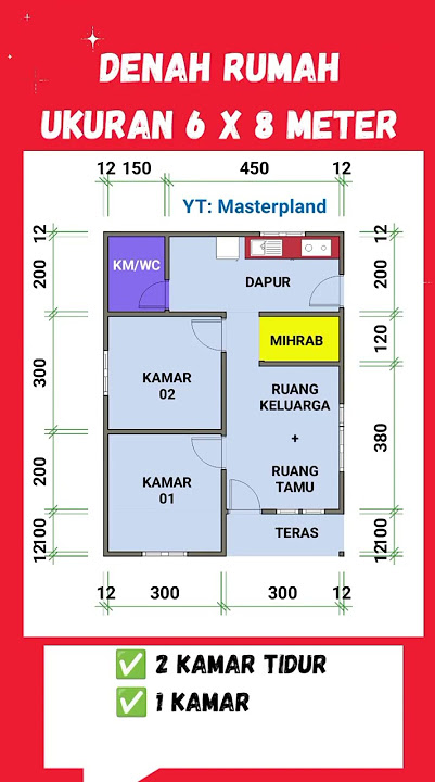Denah Rumah 6x8 Meter | 2 Kamar Tidur   Mihrab   Ruang Keluarga Minimalis Modern #DenahRumah6x8