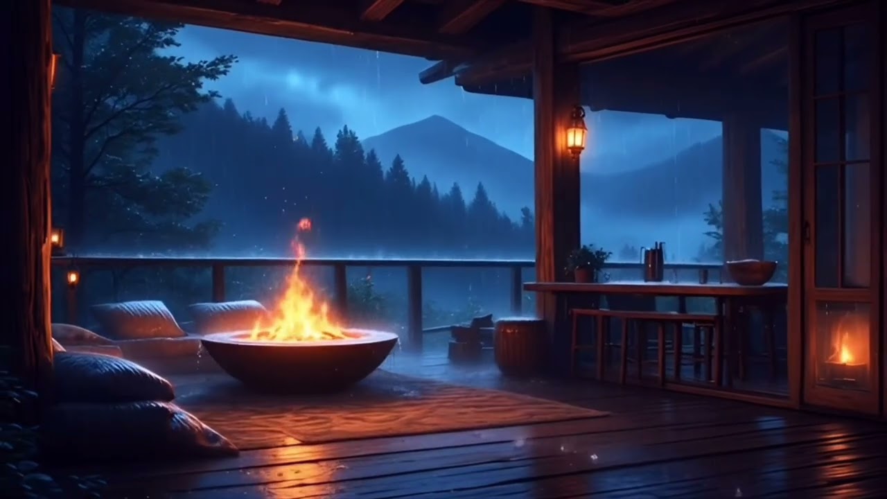 Refugio de Calma: Lluvia Nocturna y Fuego Encendido en la Cabaña