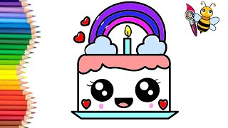 Rainbow Cake Drawing, Painting and Coloring for Kids | How to Draw a Cute Cake Easily