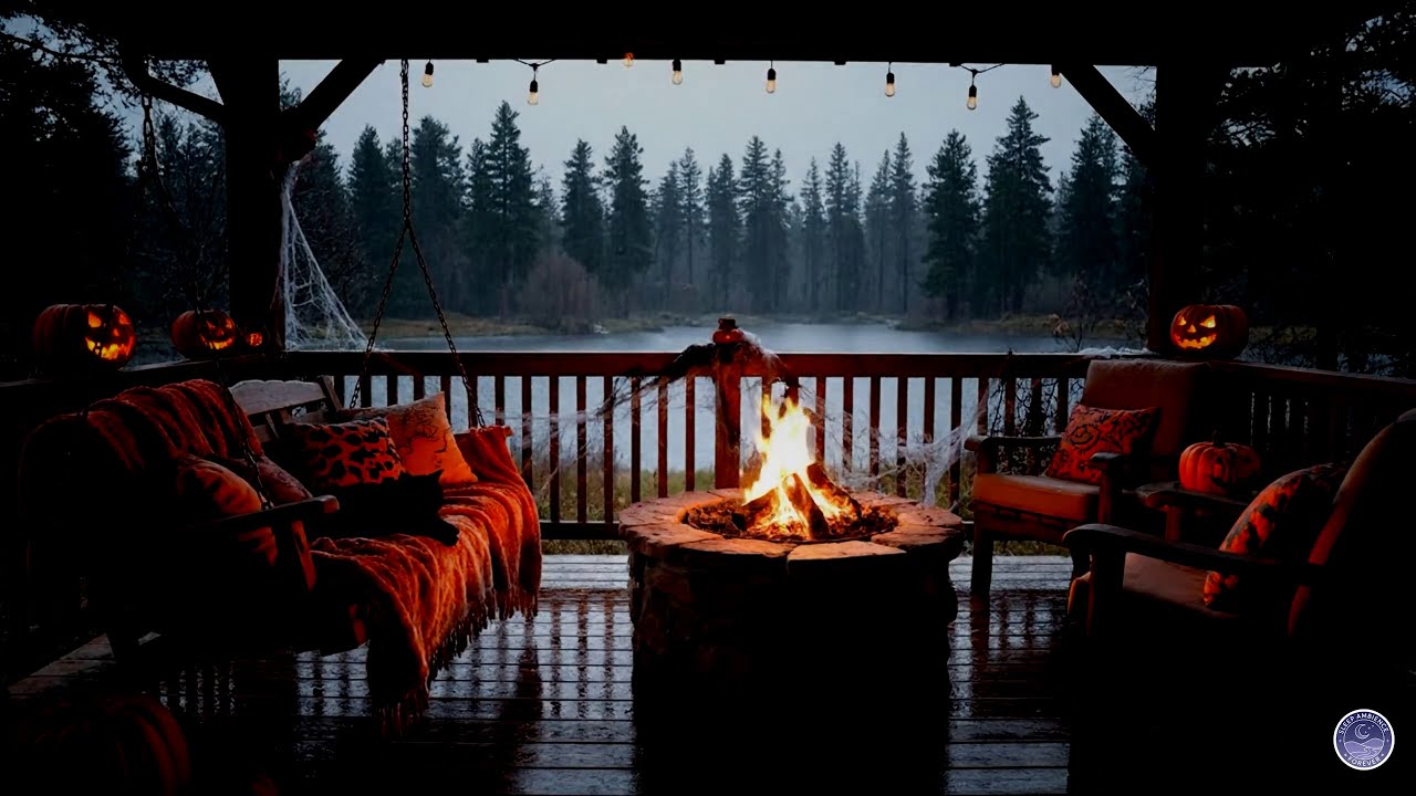 Cozy Halloween Cabin Ambience | 8 Hours Rain & Fireplace sounds for ...