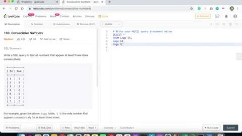 Consecutive Numbers| Leetcode| Database| SQL