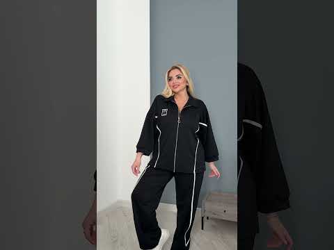 Жіночий чорний трикотажний костюм великого розміру plussize 48-58 брюки палаццо і кофта на блискавці, видео 1