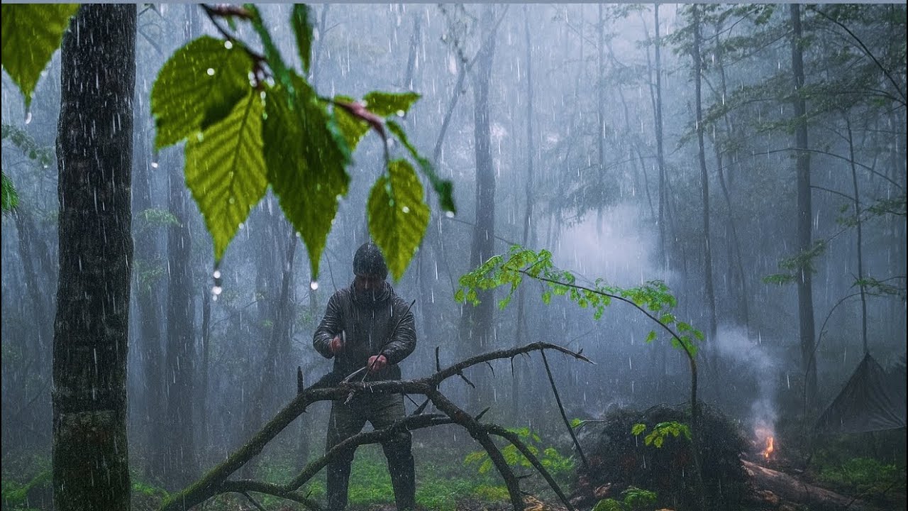 Solo Rain Camping & Bushcraft Survival Skills – Caught in a Heavy ...