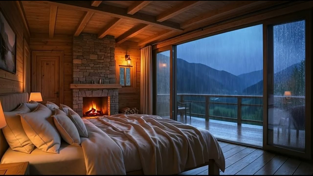 Heavy Rain Sounds for Sleep | Cozy Cabin Fireplace Ambience