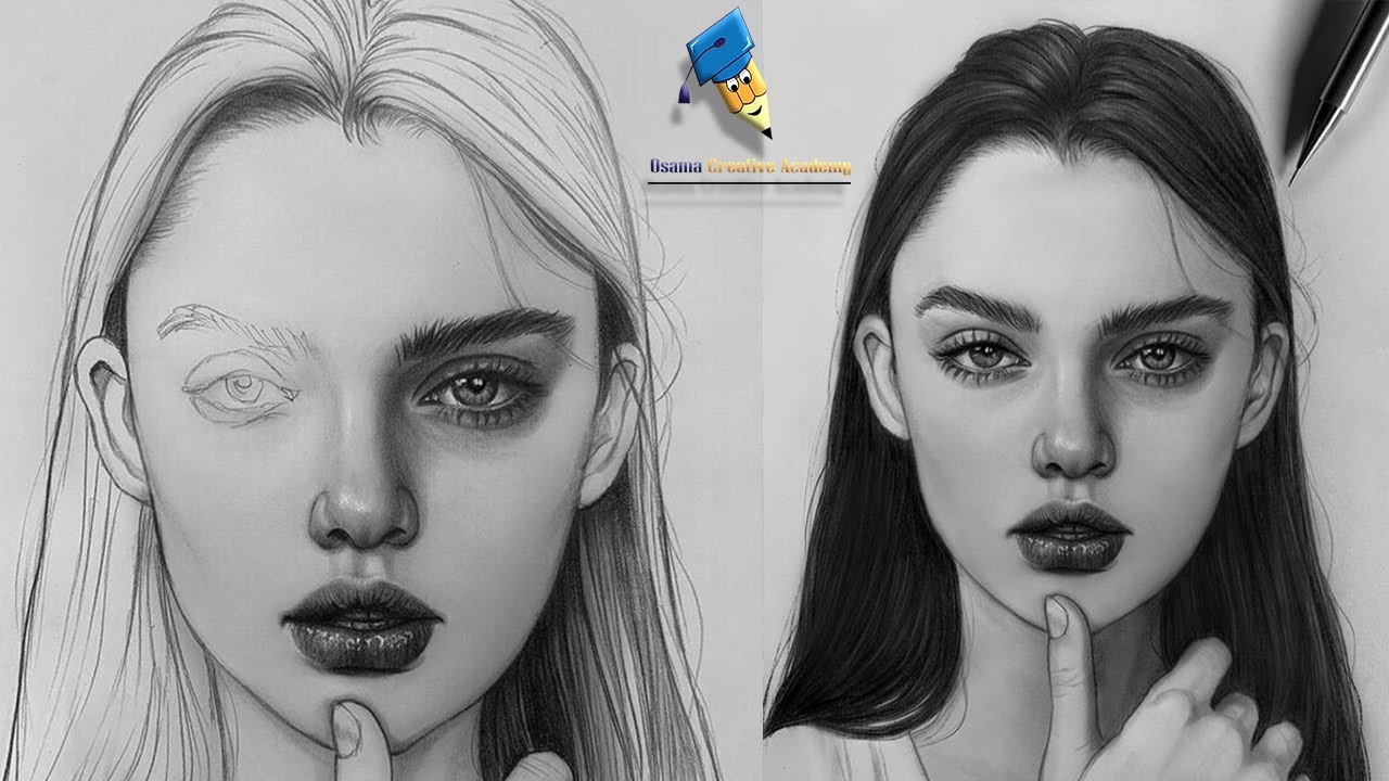 رسم وجه بنت من الامام  تعلم رسم وجه من الامام خطوة بخطوة  تعليم كيفية رسم  البورترية بقلم الرصاص