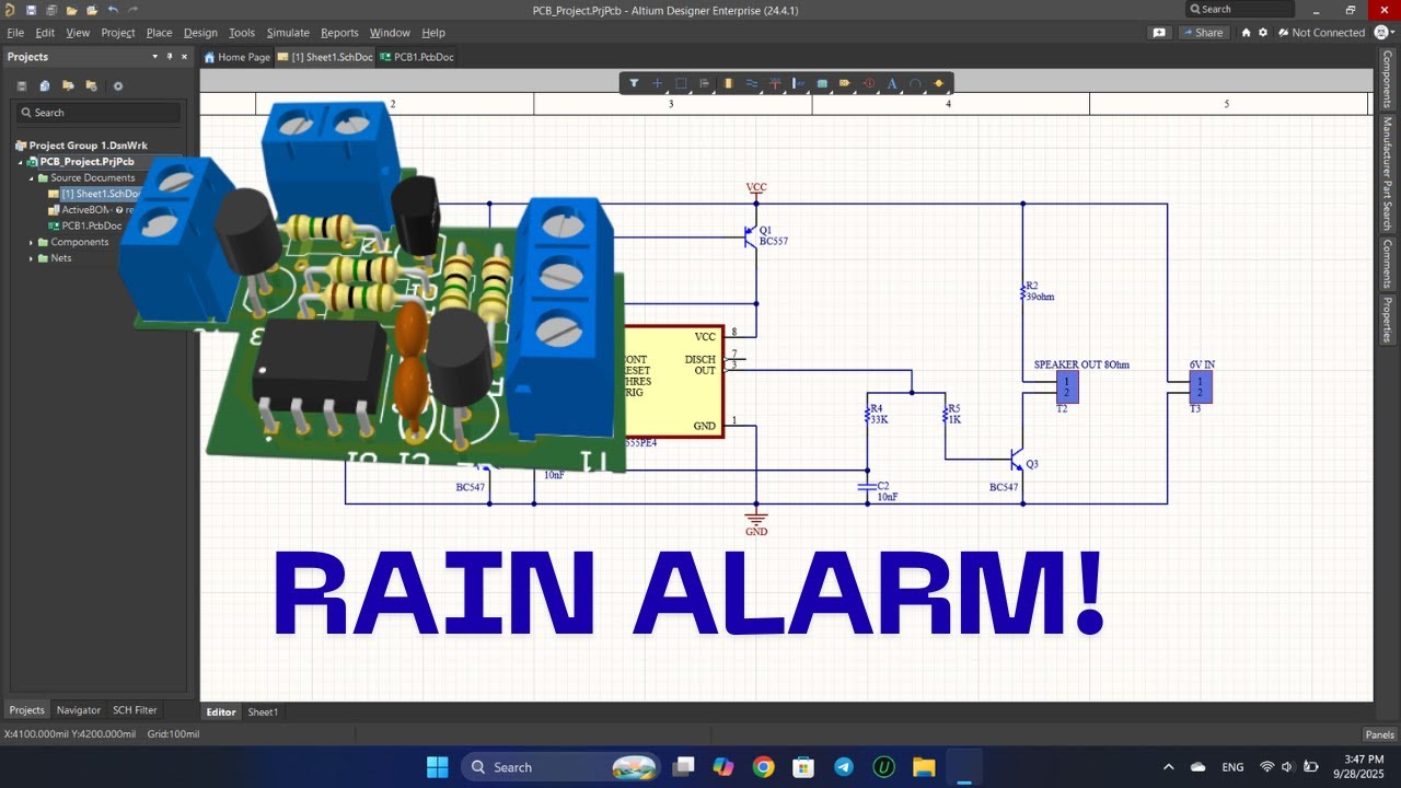 YL-85 Rain Sensor Alarm Circuit | 555 Timer Schematic + PCB Design in Altium Designer