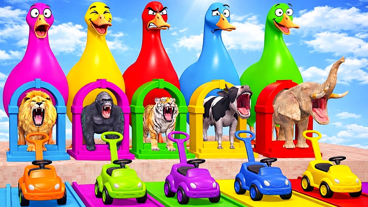 Long Slide Game With Cow Elephant Gorilla Hippopotamus Tiger - 3d Animal Game - Funny 3d Animals