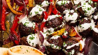 TRAY BAKE DINNER: Lamb kofta meatballs and vegetables
