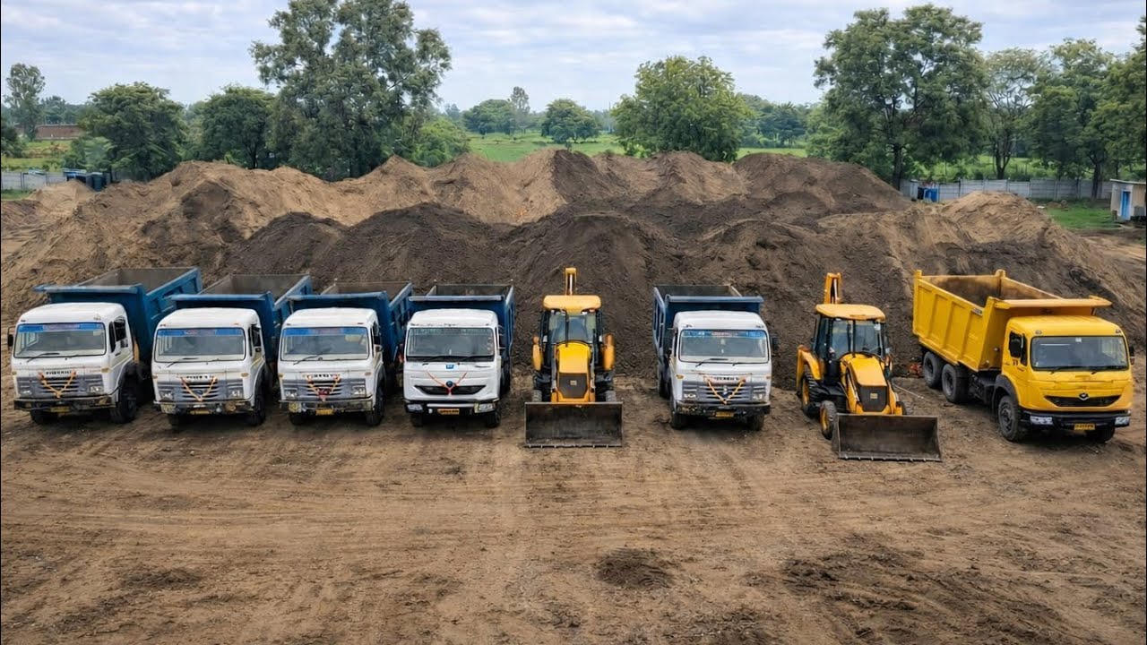 All working jcb 3dx and tata dump truck loading red mud