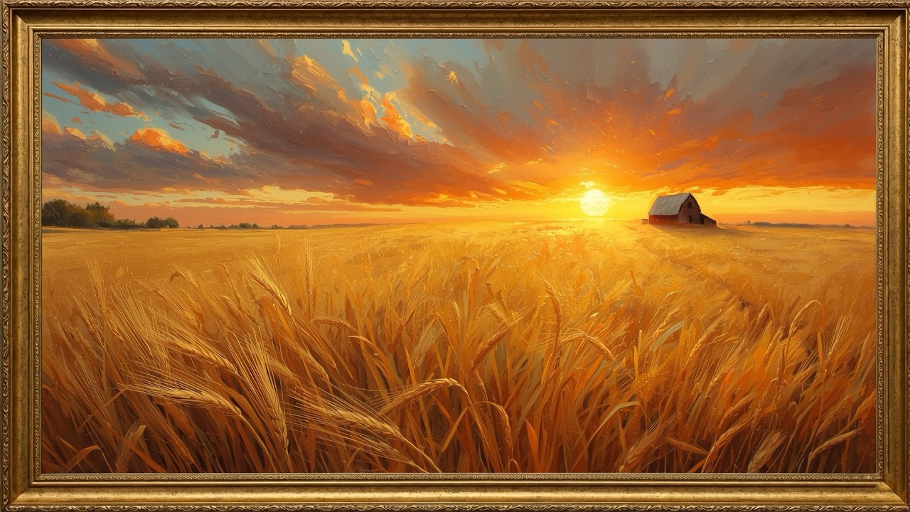 2 Hours Golden Wheat Field at Sunset | Warm Countryside Oil Art | Gold Framed for TV 4K Screensaver
