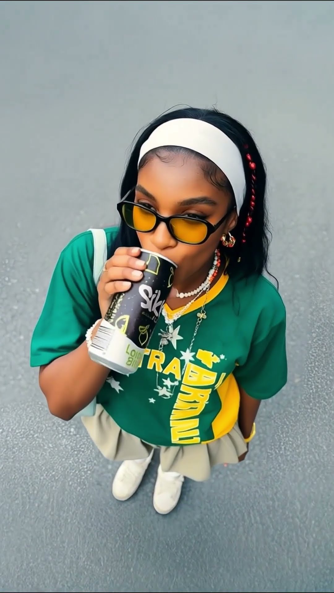 Woman wearing headphones and yellow sunglasses holding a drinks can