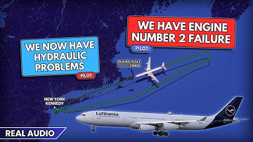 Engine failure and hydraulic problems. Lufthansa Airbus A340 returns to JFK Airport. Real ATC