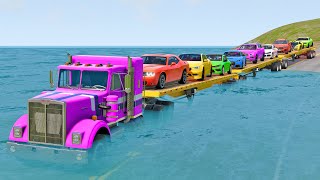 Triple Flatbed Trailer Truck Potholes Transport Car Rescue - Cars vs Deep Water - BeamNG.drive