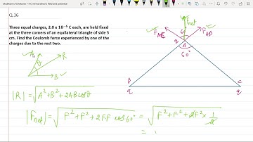 HC Verma solutions electric field and potential: Q.16- Three equal charges, 2.0 x 10^(−6)  C each