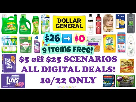 Dollar General $5 off $25 10/22 Couponing This Week! 9 Items FREE! 7 Scenarios! All Digital Deals!