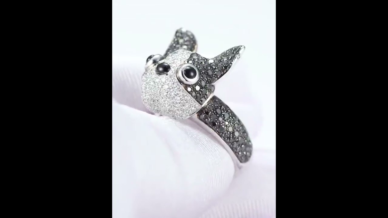 Black and White Diamond 3D French Bulldog Cocktail Ring | HX Jewelry