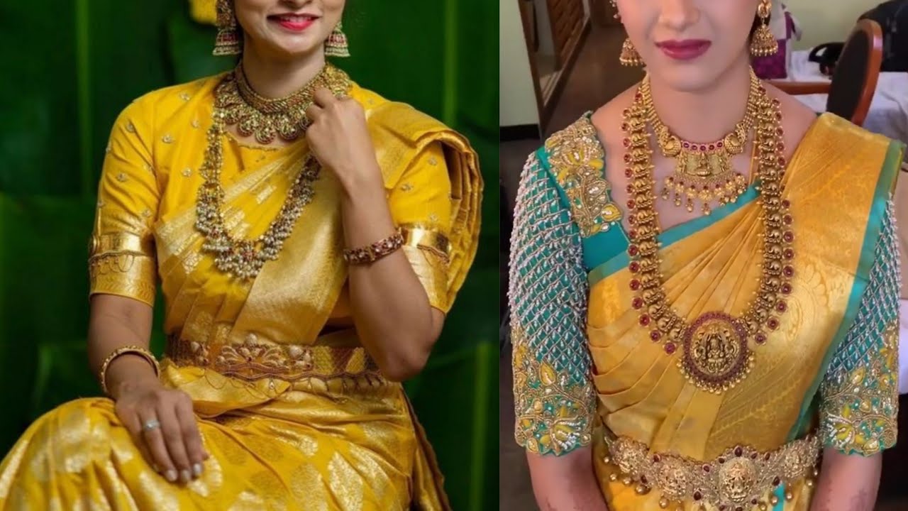 Bridal Yellow colour kanchipuram Silk saree with contrast blouse design 2022 | Yellow Silk sarees