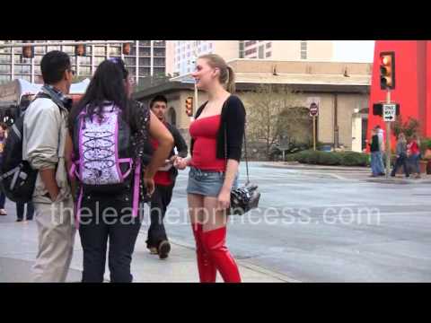 San Antonio Riverwalk in Red Thigh Boots & Micro MiniSkirt