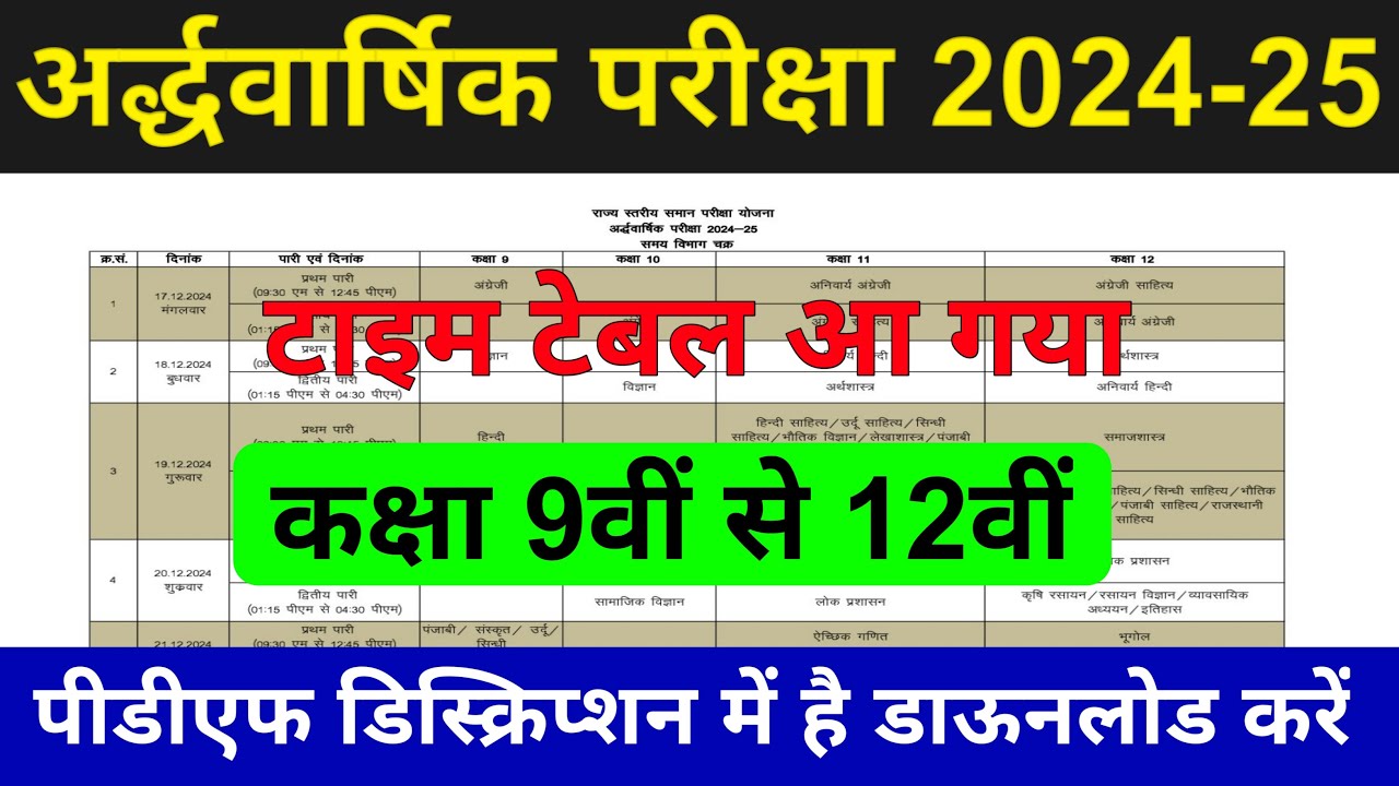 Rbse Half Yearly Exam 2024-25 Time Table ।। Rajasthan board half yearly ...