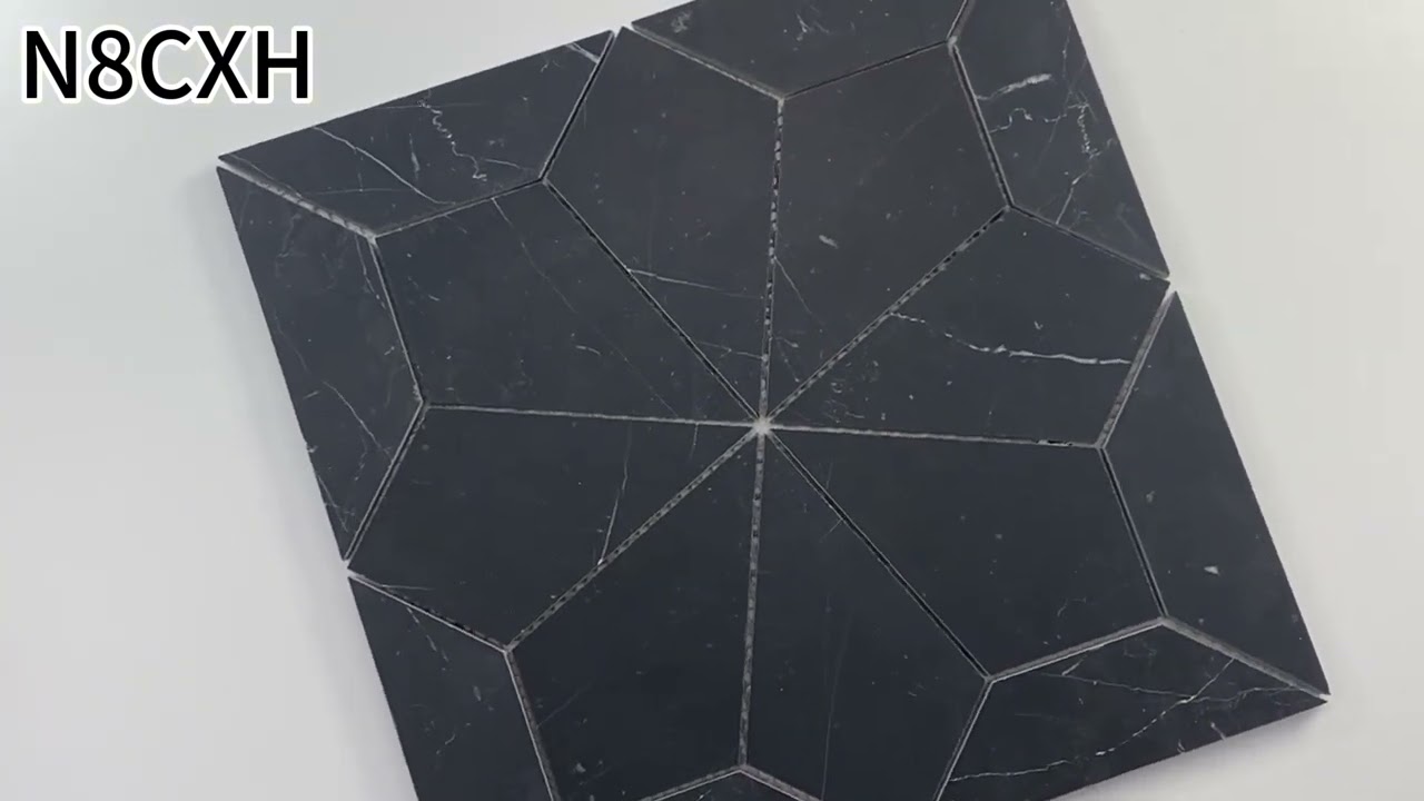Nero Marquina Black Marble Starburst Geometric Mosaic Tile Honed