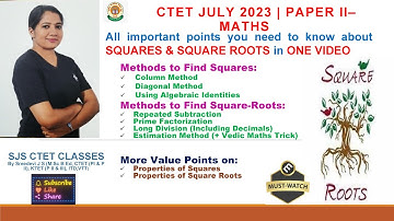CTET JULY 2023 -MATHS PAPER II - ALL ABOUT SQUARES AND SQUARE ROOTS + TRICKS & TIPS FROM VEDIC MATHS