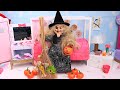 Doll makeover as Halloween Witch! Play Dolls DIY project for kids