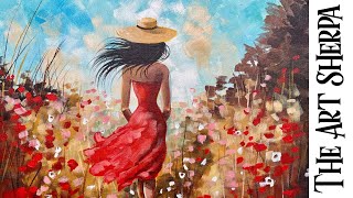 Girl in Red Dress Walking in poppies 🌟🎨 How to paint acrylics for beginners: Paint Night at Home