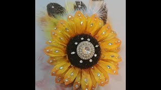 Upcycled Silk Sunflower with rhinestones, flat back pearls and feathers