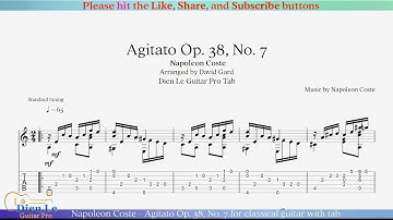 Napoleon Coste - Agitato Op. 38, No. 7 for classical guitar with tab