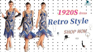 ZAPAKA Women Gatsby Dress Blue Sequins Fringe Sleeveless 1920s Dress